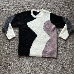 LOGO Lori Goldstein Sweater Women Med Black Brown Striped Fuzzy Oversized Winter